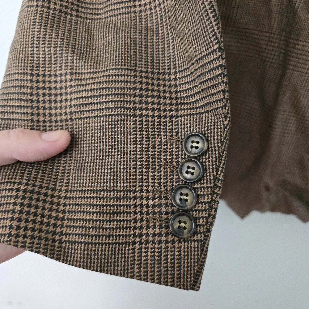 Bachrach Brown Pin Striped Houndstooth Silk Wool  Blazer Suit Jacket Size 42 R